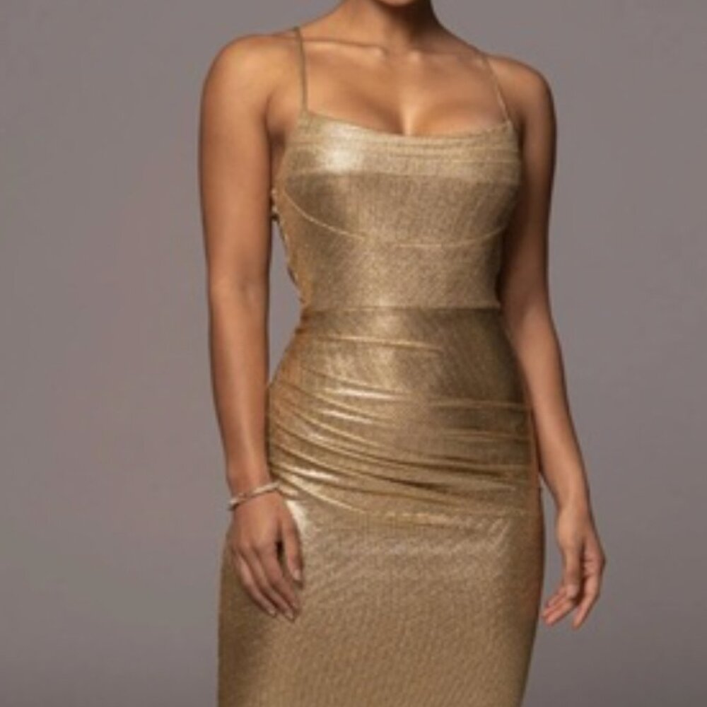 JLUXLABEL Metallic Gold Midi Bodycon Dress Size M